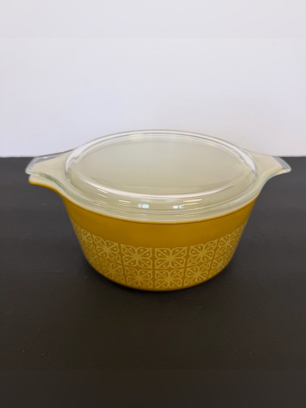 Vtg Pyrex 474-B Autumn Floral Mustard 1.5 Qt Square Flowers Casserole w/ Lid